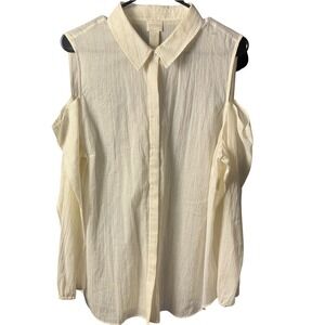 Chicos Cold Shoulder Button Down Blouse Ivory Gold Metallic Stripe Size 3 Large